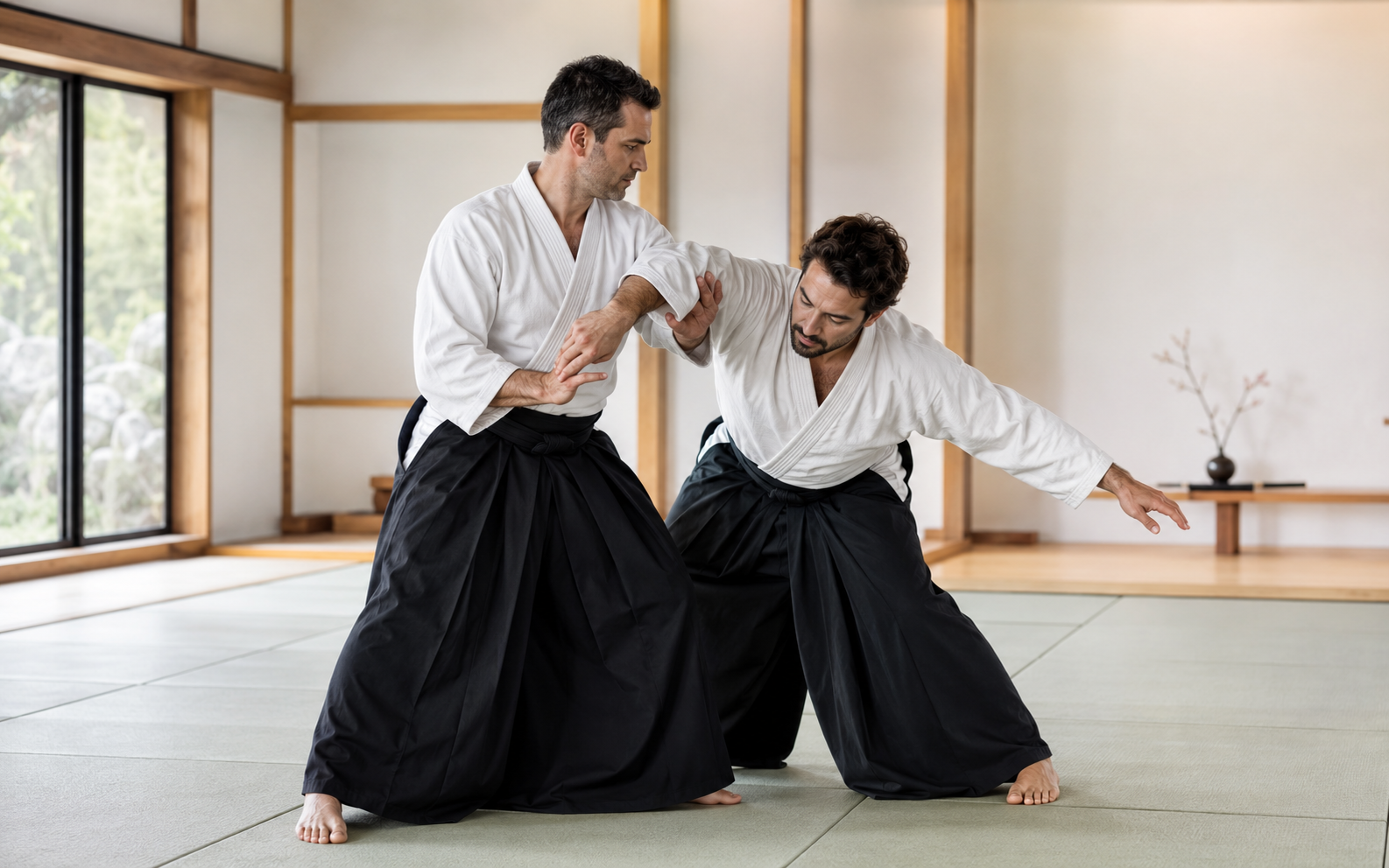 Dojoda kontrollü bir Aikido tekniği çalışan iki aikidocu